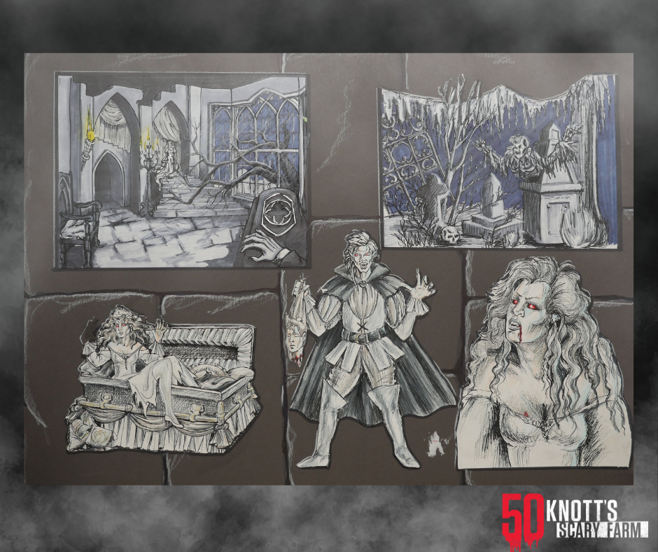 Original planning illustrations for Knott's Scary Farm's 50th anniversary