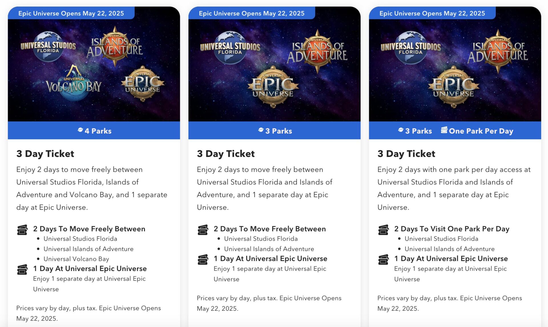 Ticket options for Epic Universe on its first day of sales, October 22nd, 2024