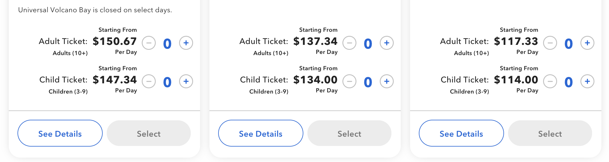 Ticket Prices for Epic Universe on its first day of sales, October 22nd, 2024