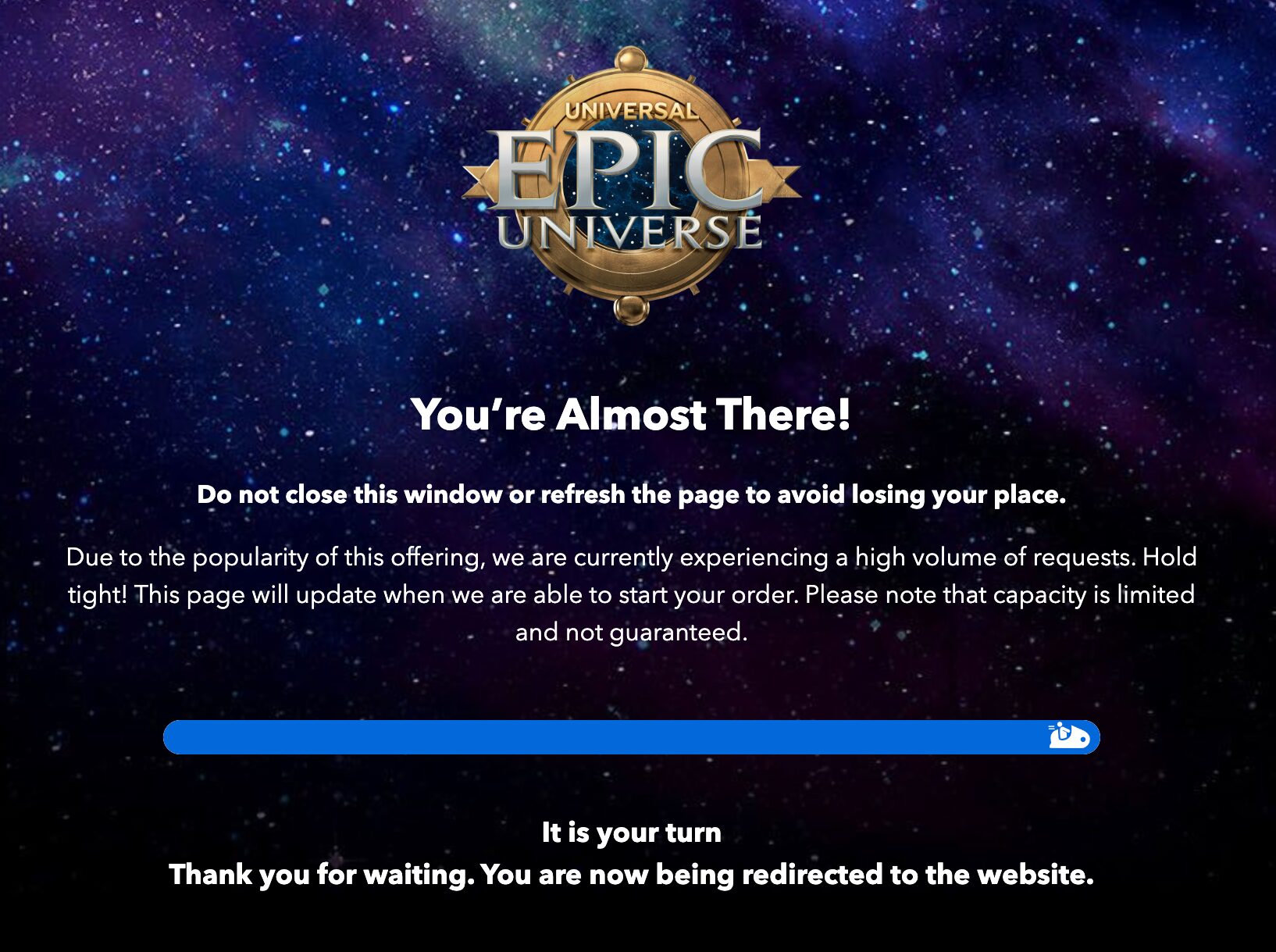 Wait Screen 2 for Epic Universe on its first day of sales, October 22nd, 2024