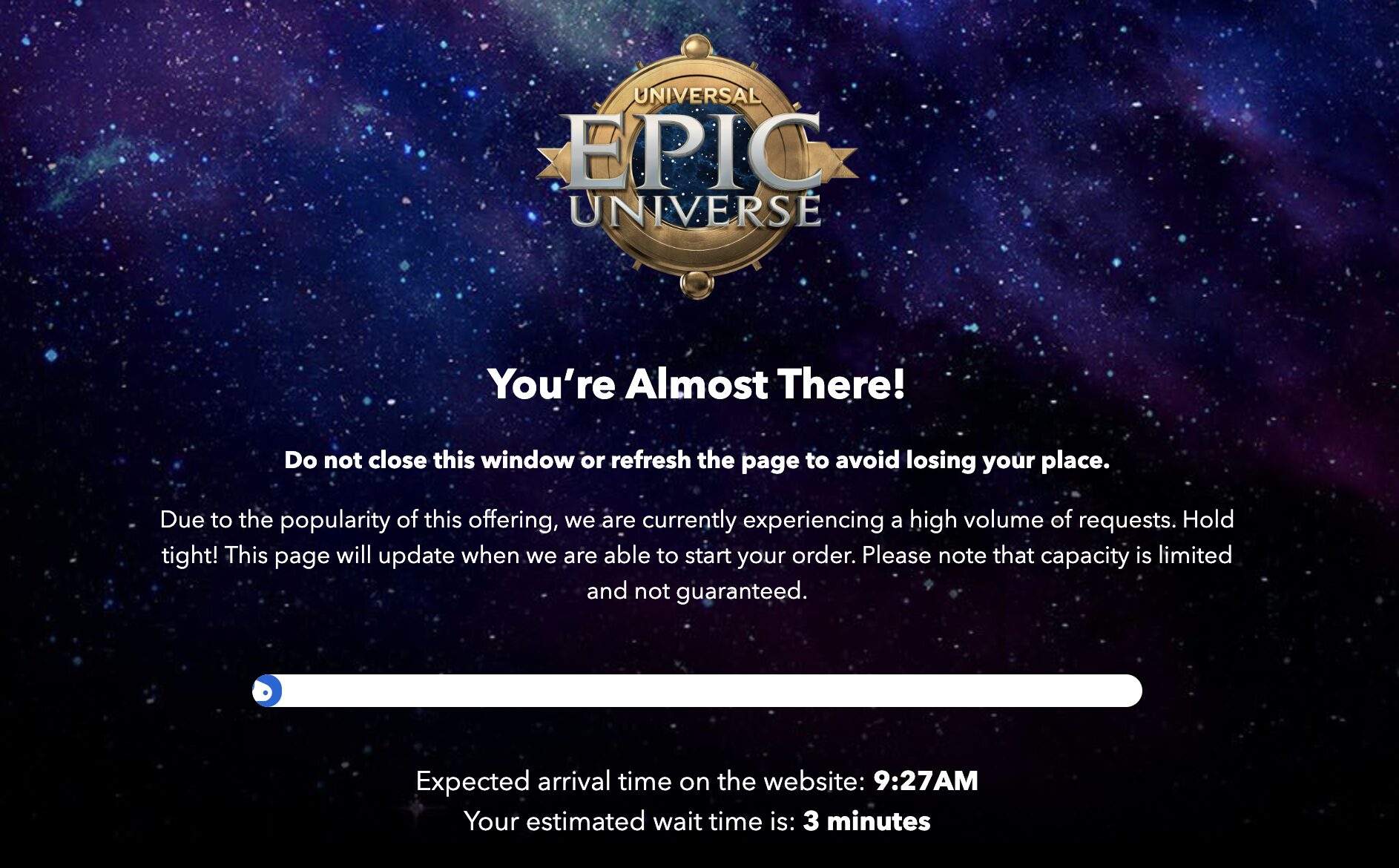 Wait Screen for Epic Universe on its first day of sales, October 22nd, 2024